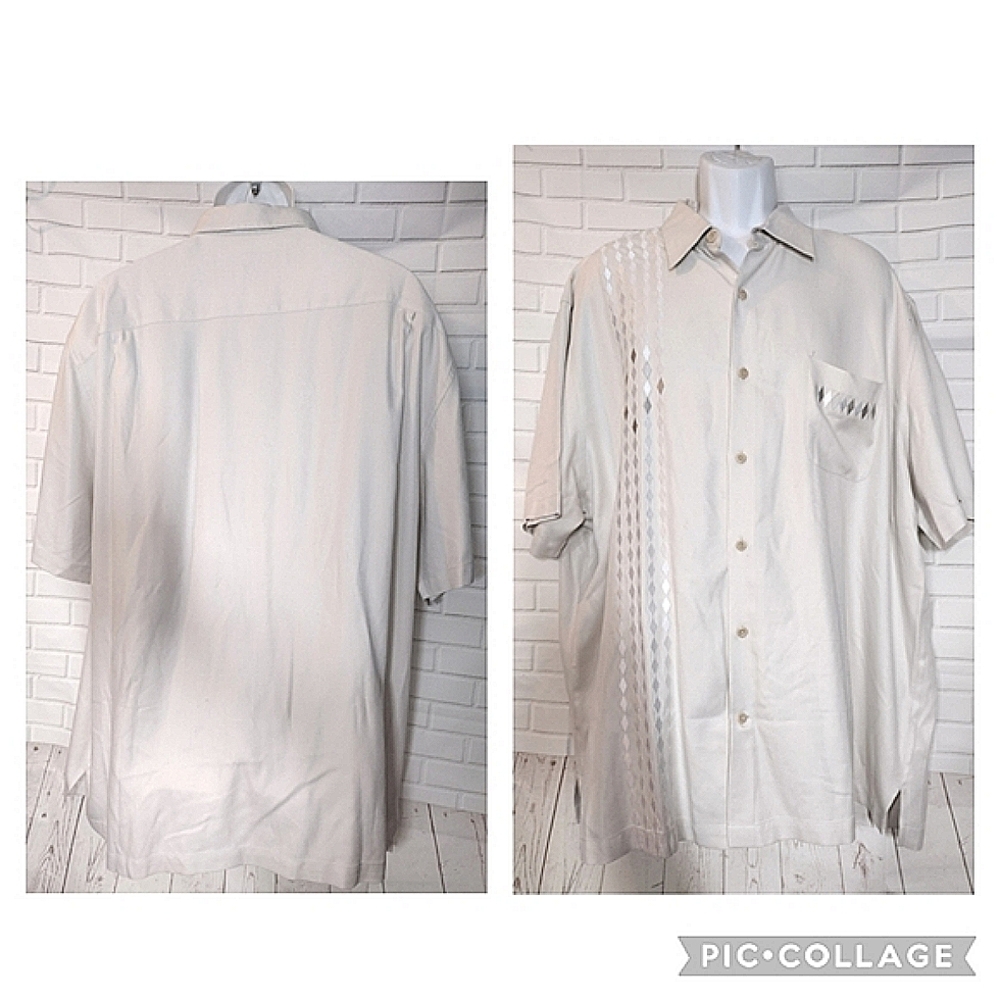 Nat Nast Silk Beige Diamond Embroidered Short Sleeve Button-Up Shirt